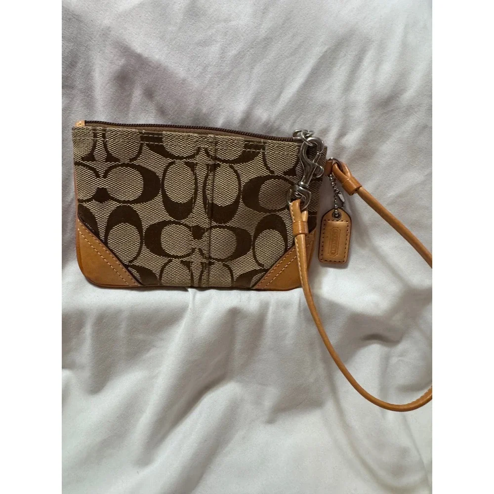 Coach Signature Jacquard Wristlet Khaki Brown Tan Leather Trim Small Pouch